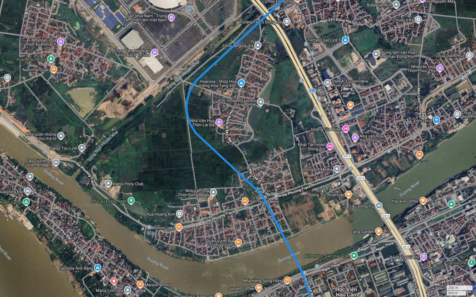 Ảnh vệ tinh khu Lại Đà, Đông Trù với Đông Trù Riverside, Hoàng Gia Hotel và điểm vượt sông Đuống của tuyến metro số 2