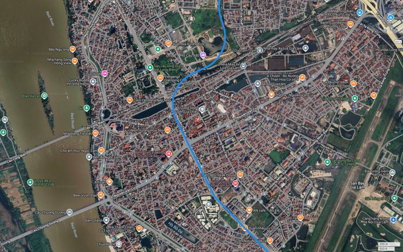 Ảnh vệ tinh khu Ngọc Lâm, Bồ Đề Long Biên với bến xe Gia Lâm, ga Gia Lâm, sân bay Gia Lâm và hành lang metro số 2