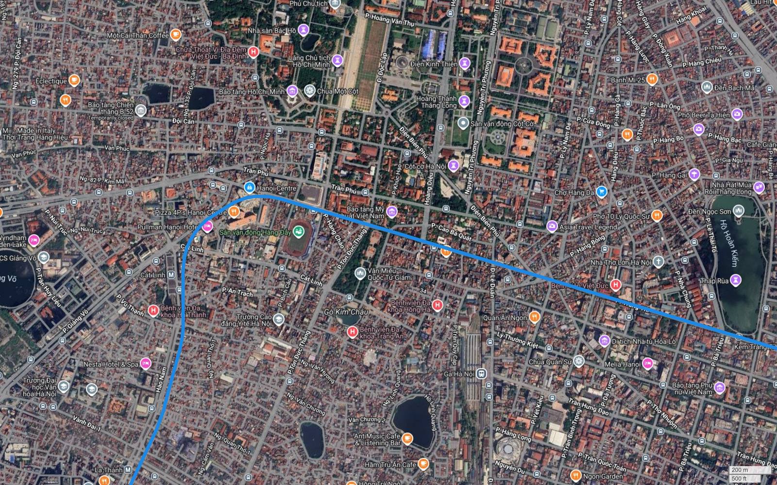 Ảnh vệ tinh khu Ba Đình với Hoàng thành Thăng Long, Văn Miếu, ga Cát Linh tuyến 2A và hành lang metro số 2