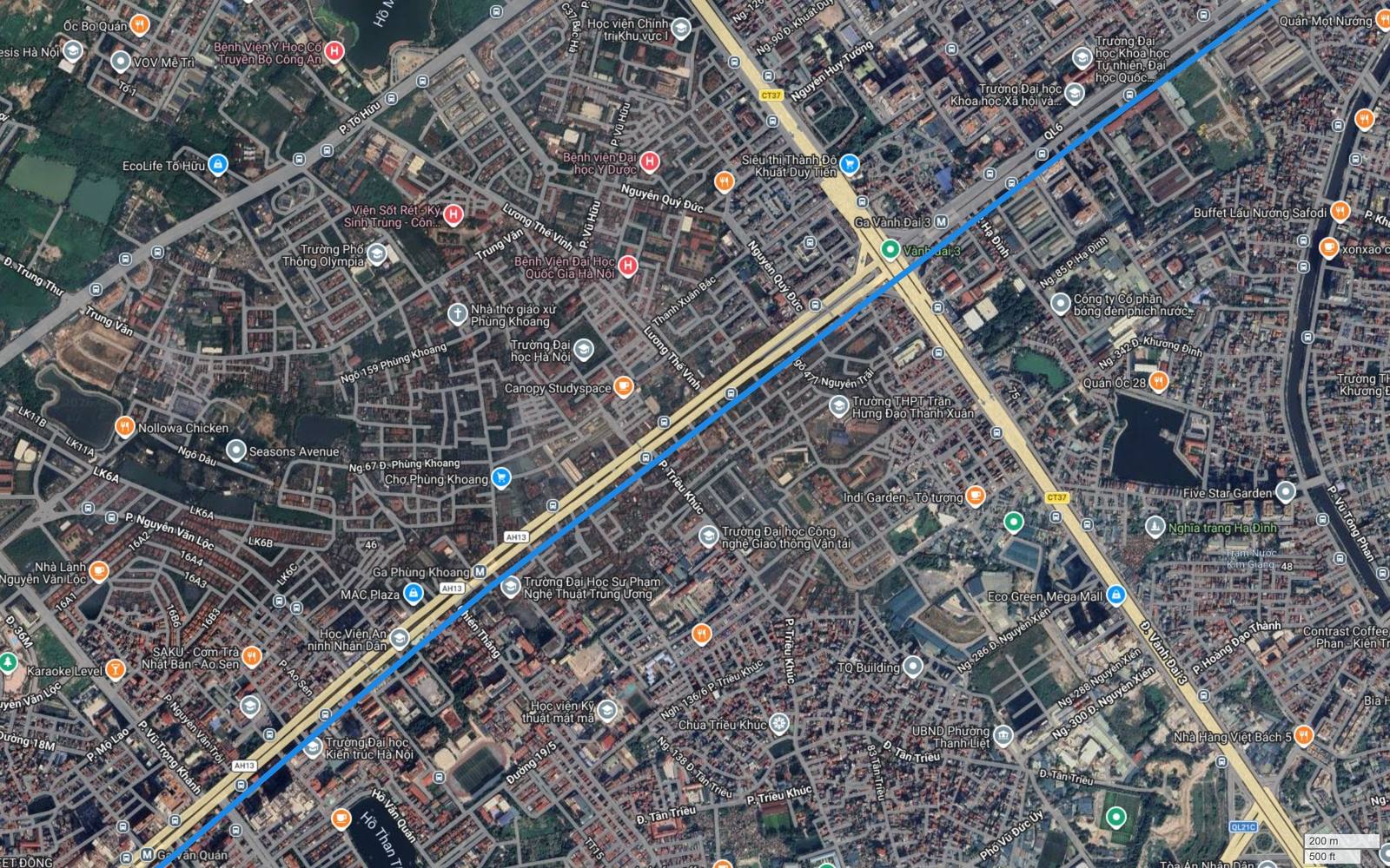Ảnh vệ tinh khu Phùng Khoang, Triều Khúc với Seasons Avenue, MAC Plaza, Eco Green Mega Mall và hành lang metro số 2