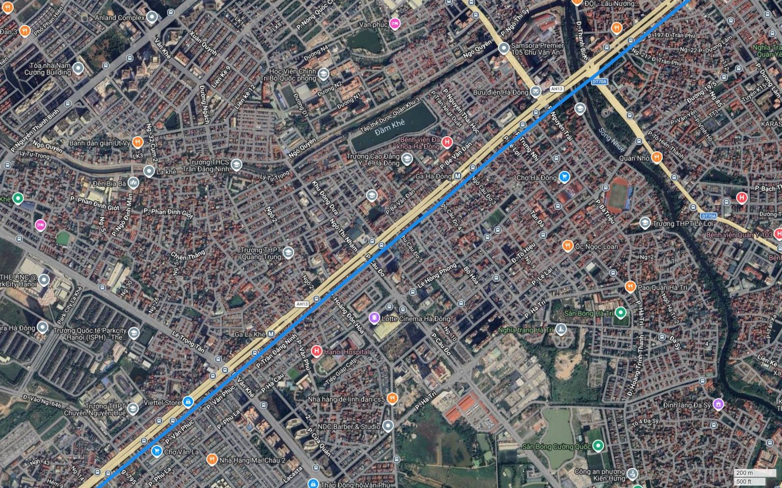 Ảnh vệ tinh trung tâm Hà Đông với ParkCity Hà Nội, Lotte Cinema Hà Đông, Anland Complex và hành lang metro số 2