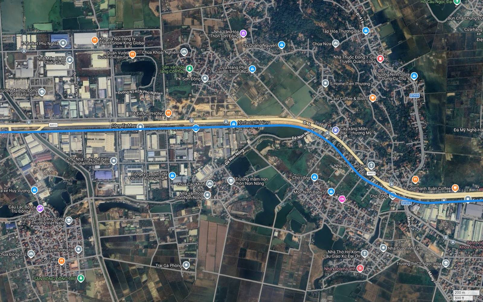 Ảnh vệ tinh khu công nghiệp Phú Nghĩa Chương Mỹ với các nhà xưởng lớn và hành lang metro số 2 chạy sát Quốc lộ 6