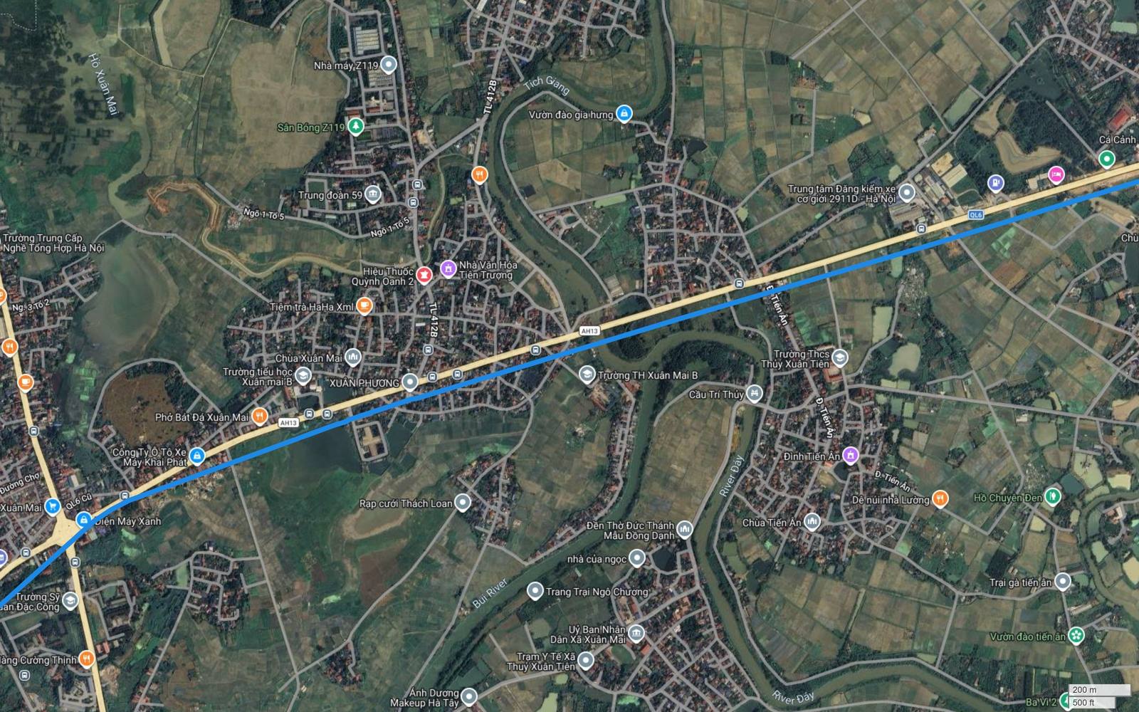 Ảnh vệ tinh khu Xuân Mai với chùa Xuân Mai, hồ Xuân Mai, sông Đáy và hành lang metro số 2 bám Quốc lộ 6